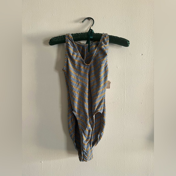 Vintage bodysuit with blue gingham pattern and funky yellow stripes - Picture 2 of 3
